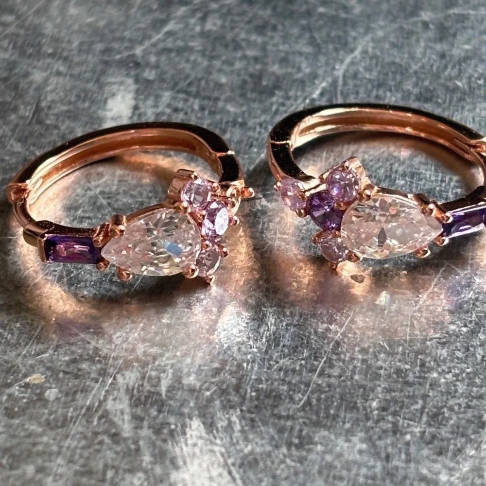 Purple Pink Amethyst White Zircon Earrings 925 Sterling‎ Silver Huggies Hoop